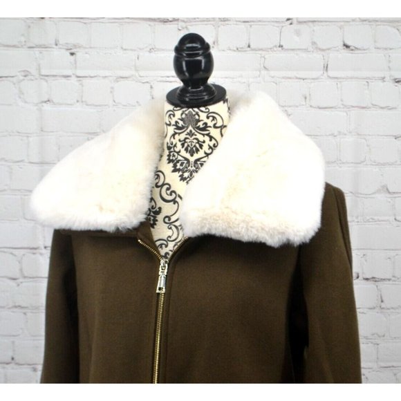 VINCE CAMUTO Women's Detachable Faux Fur Collar Full Zip Peacoat SMALL Olive NWT - Picture 2 of 10